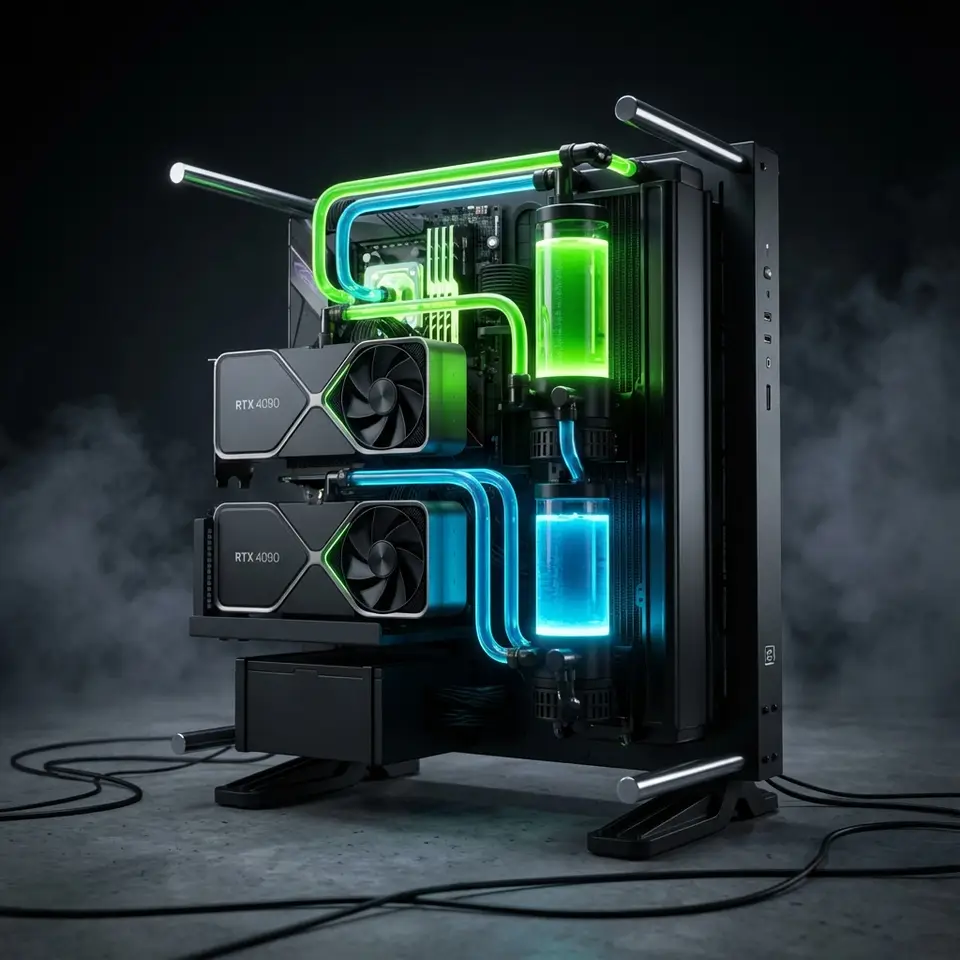 Workstation a telaio aperto con due schede video RTX 4090 e raffreddamento a liquido verde e azzurro