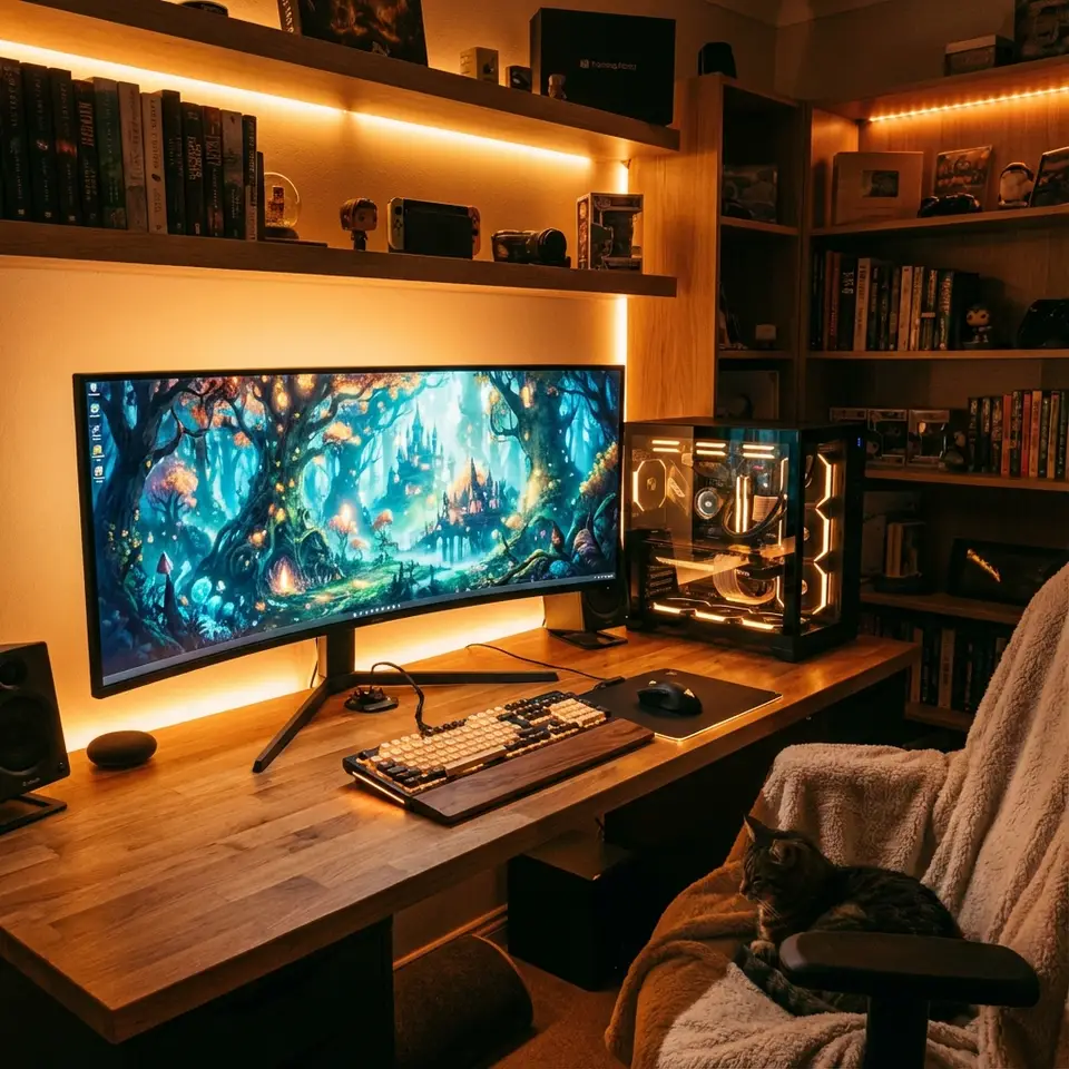 Postazione da gioco con monitor ultrawide curvo, case con pannello in vetro e tastiera meccanica