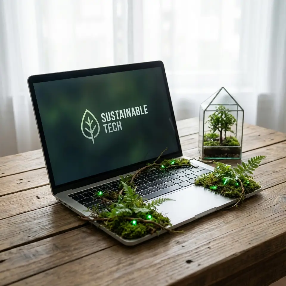 Notebook su un tavolo di legno con muschio e felci sulla tastiera e la scritta Sustainable Tech