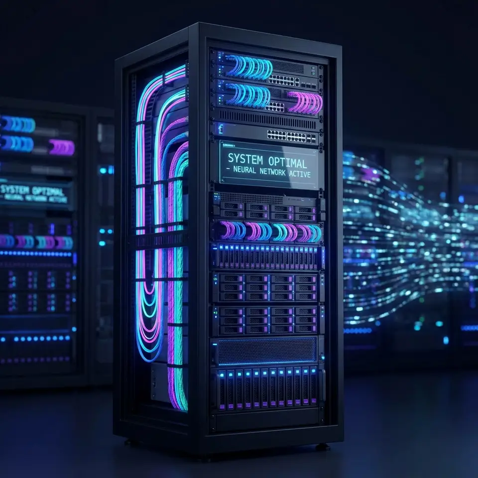 Armadio rack con server, switch di rete e cavi colorati ordinati, illuminato da led blu e viola