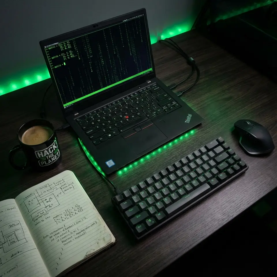 Notebook ThinkPad con terminale Linux aperto, tastiera meccanica, mouse e quaderno di appunti
